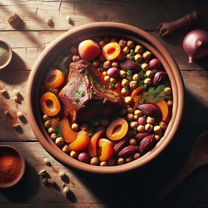 Moroccan halal lamb shoulder tagine with apricots and chickpeas in a clay pot