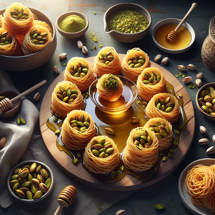 Crispy kataifi nests filled with pistachios and honey syrup on a wooden tray