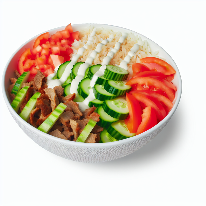 Shawarma rice bowl with grilled meat, vegetables, and tahini sauce