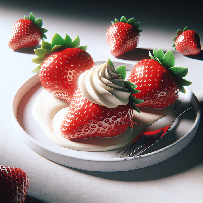 Fresh strawberries topped with a dollop of creamy Puck cream on a ceramic plate