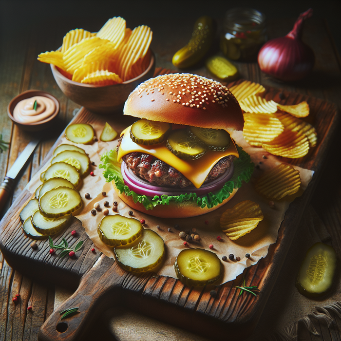 Gourmet cheeseburger with sliced pickles and a side of chips on a wooden serving board