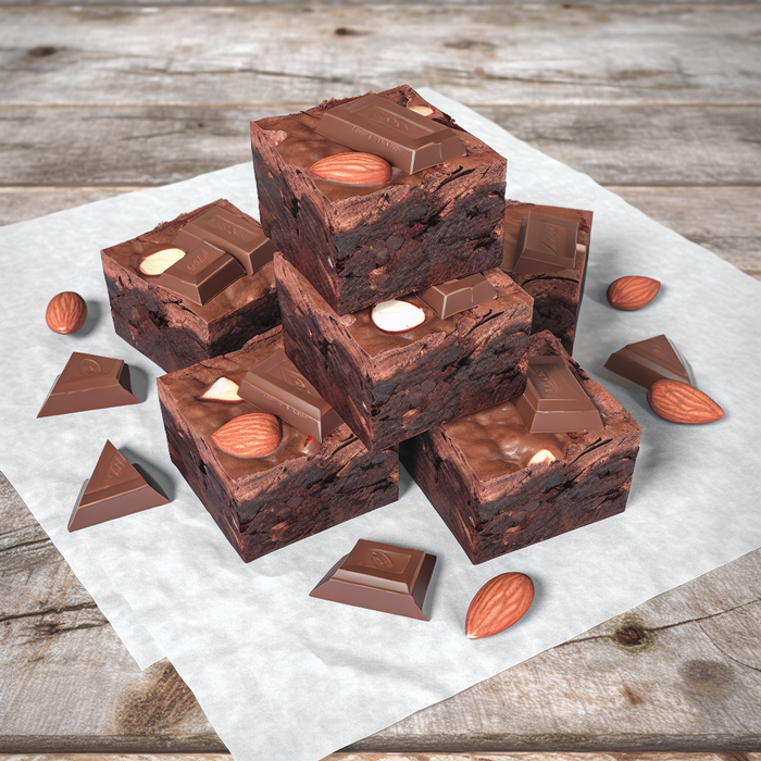 Stack of rich Toblerone brownies with visible chocolate chunks and almond pieces on parchment