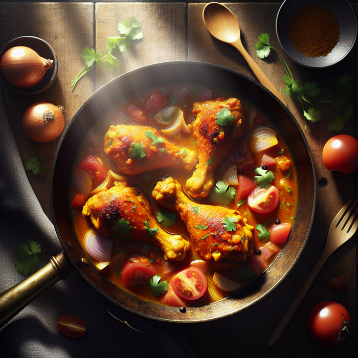 Halal chicken drumsticks in a thick curry sauce garnished with fresh coriander