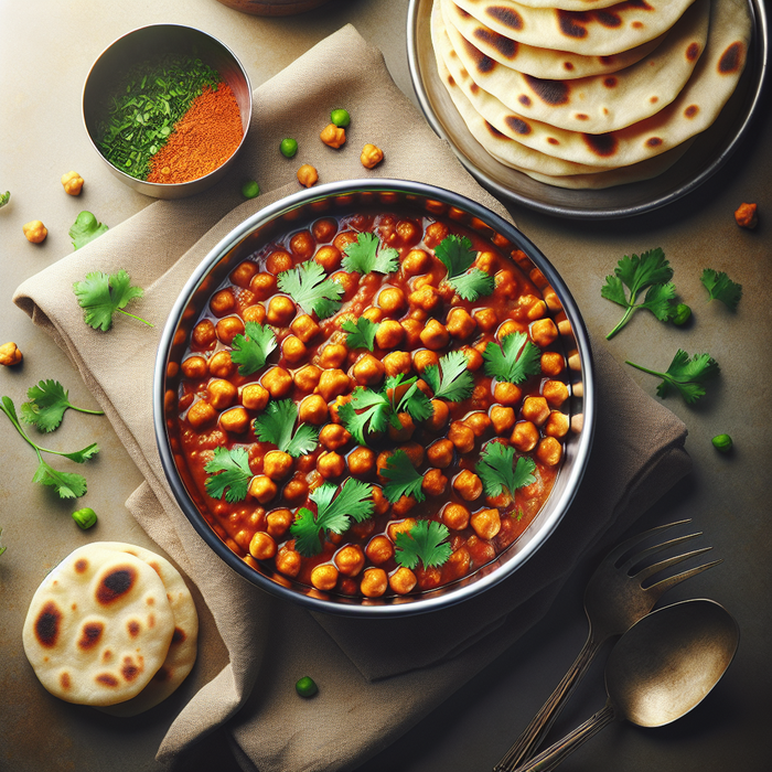 A stainless steel dish of chana masala chickpeas garnished with coriander