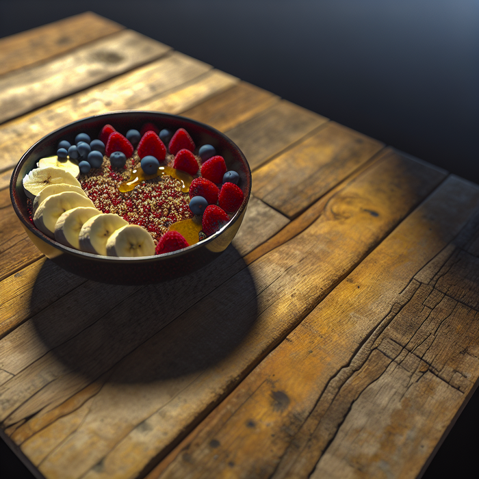 Quinoa breakfast bowl with berries, banana, nuts, and honey on a rustic wooden table