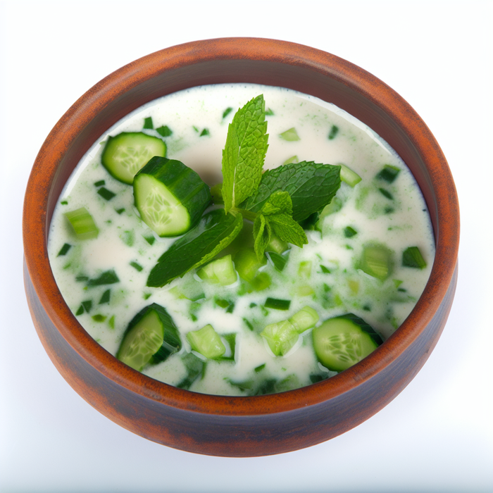 Chilled cucumber and mint soup made with Ayran, garnished with herbs in a ceramic bowl