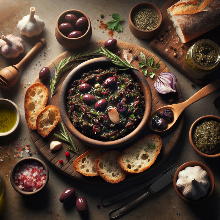Rustic bowl of Kalamata olive tapenade served with slices of crusty bread