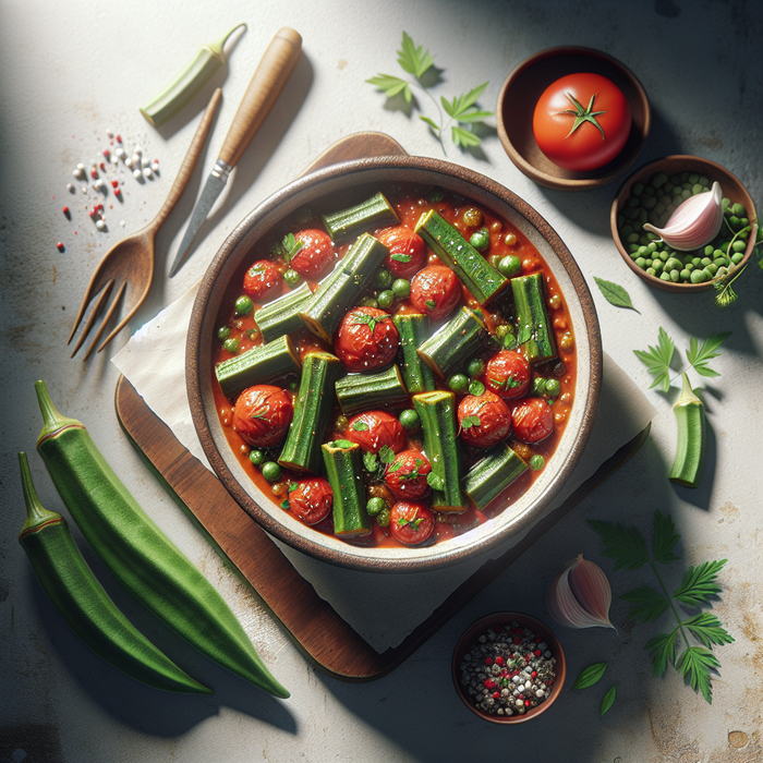 Rich tomato stew with okra pieces in a bowl, topped with herbs