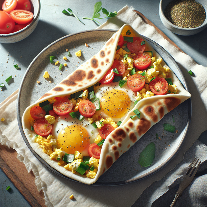 Manakish zaatar wrap filled with scrambled eggs, tomatoes, and herbs on a plate
