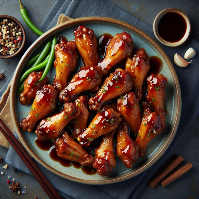 Halal chicken wings baked and coated in shiny garlic and soy glaze, served on a ceramic baking dish