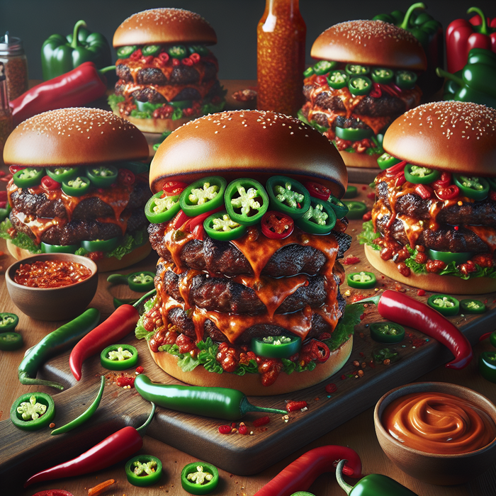 Spicy stacked halal beef burgers with jalapeños and chilli sauce in toasted buns