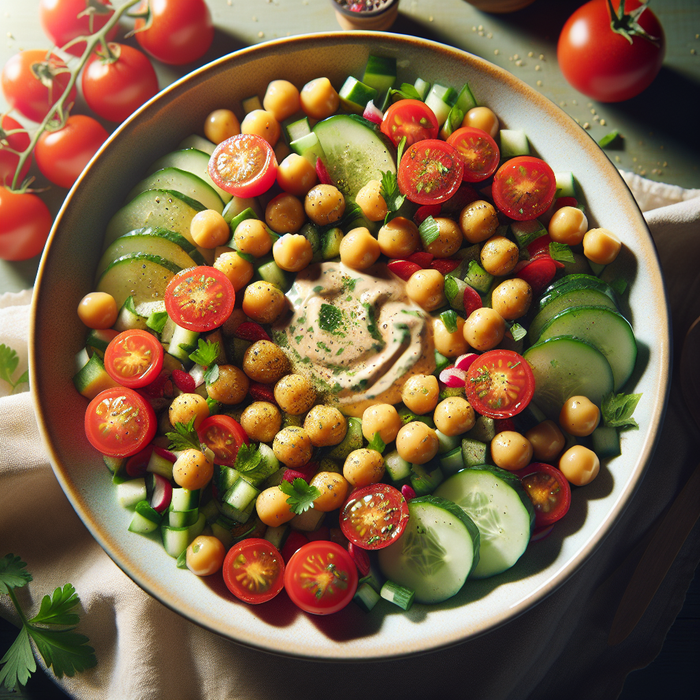Chickpea salad with cherry tomatoes, cucumber, herbs and tahini dressing