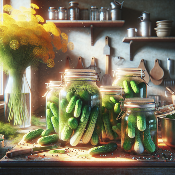 Glass jars of pickled baby cucumbers with dill herbs on a rustic countertop