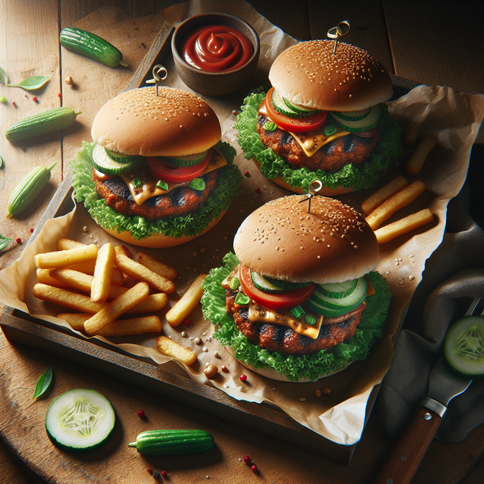 Grilled veggie burgers with toppings and BBQ tools on a garden table