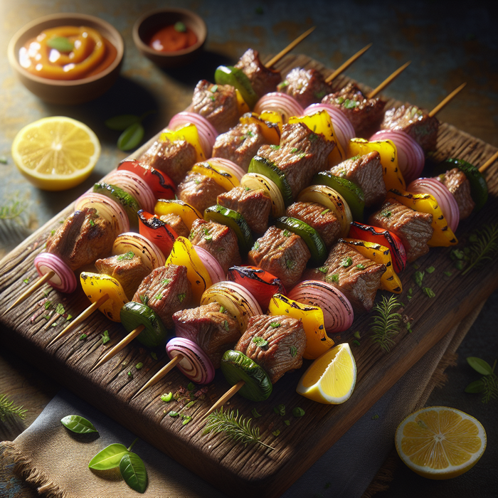 Grilled skewers with halal diced lamb, peppers and onions, served with lemon wedges