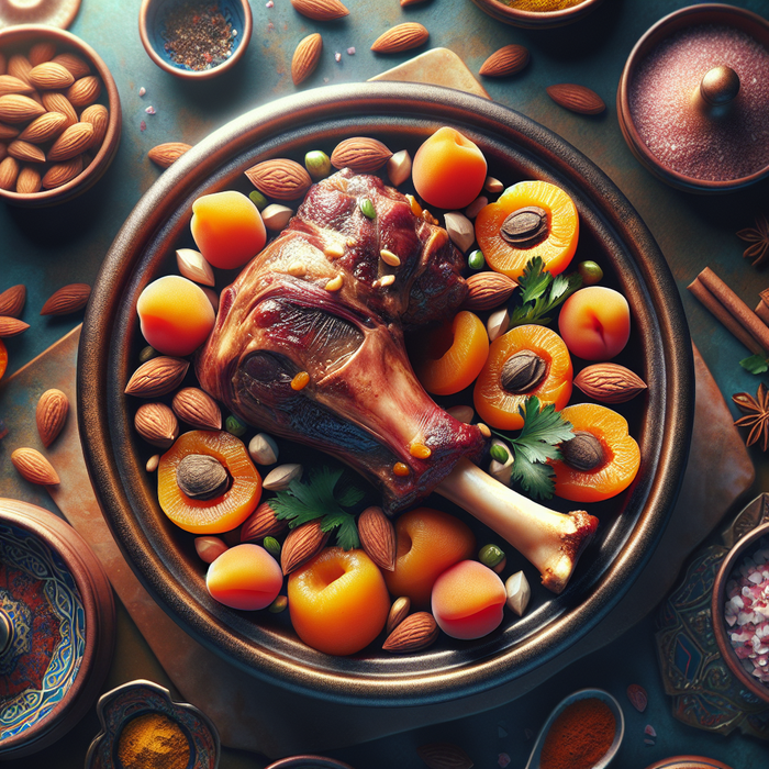 Halal lamb shank cooked Moroccan-style with dried fruits and spices in a tagine