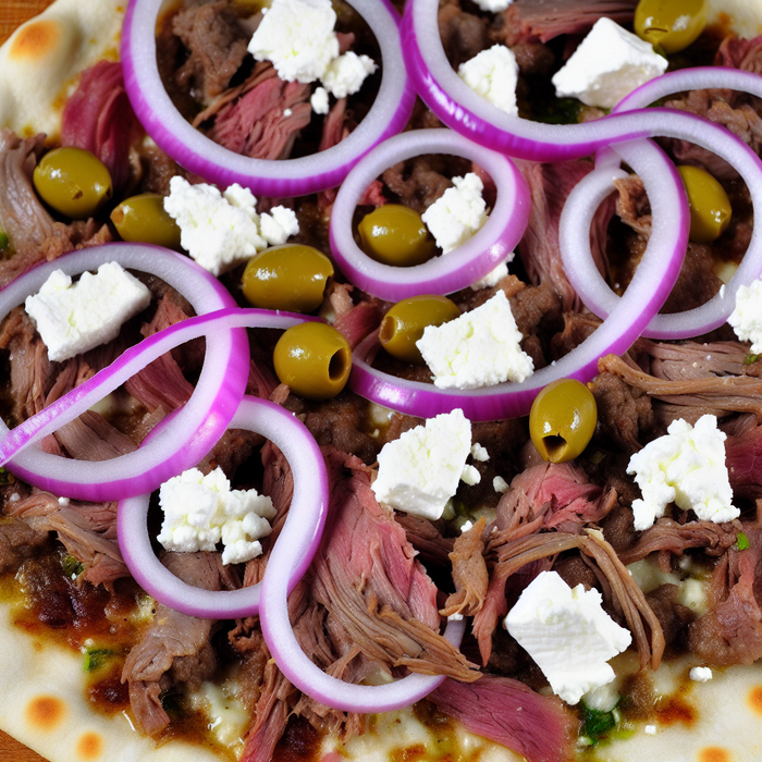 Flatbread pizza topped with lamb shawarma, red onions, olives and feta