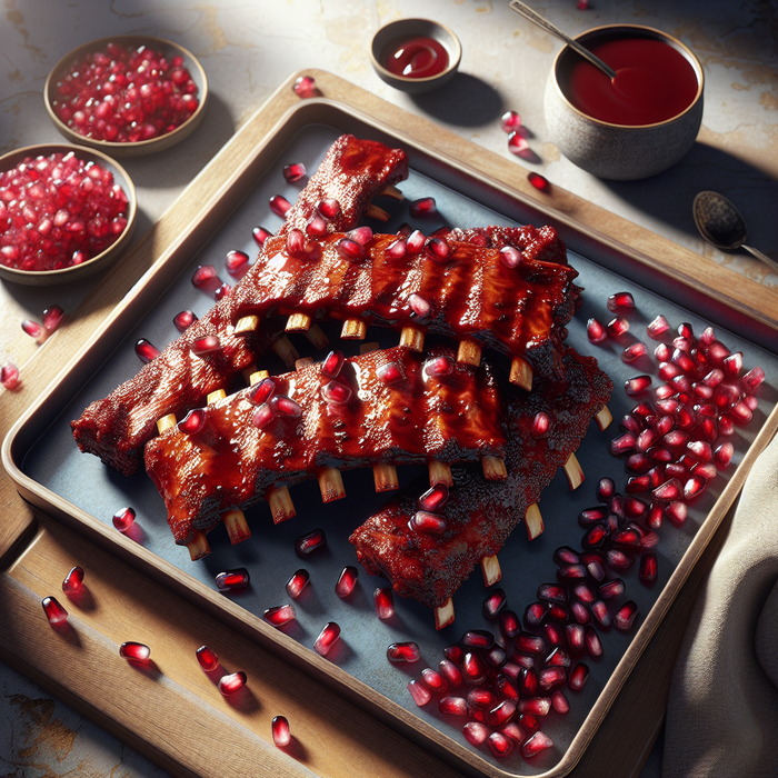 Sticky halal ribs coated in pomegranate glaze on a tray with fresh herbs and lime wedges