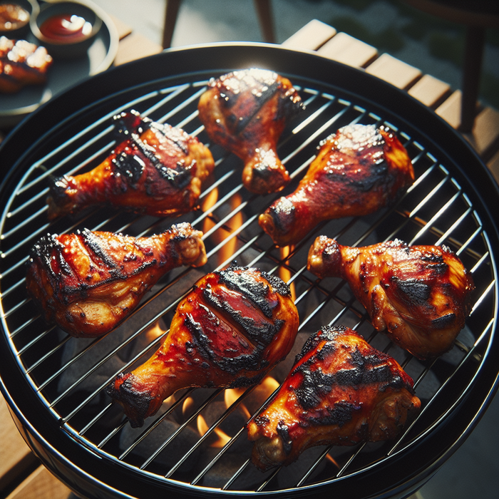 Golden chicken thighs with sticky BBQ glaze and grill marks sizzling over hot coals