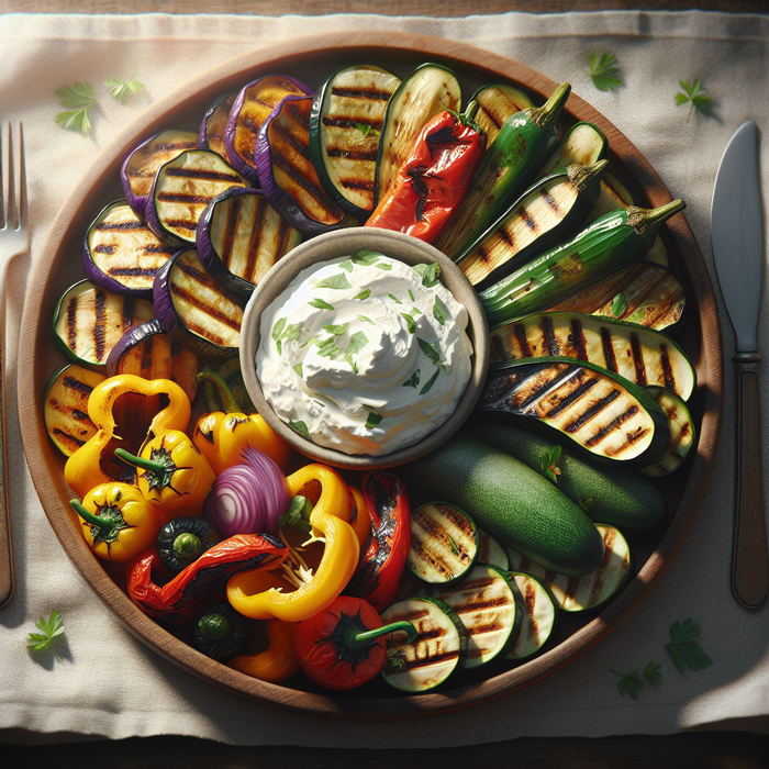 Grilled vegetables served with creamy Labneh and garnished with fresh herbs on a rustic plate