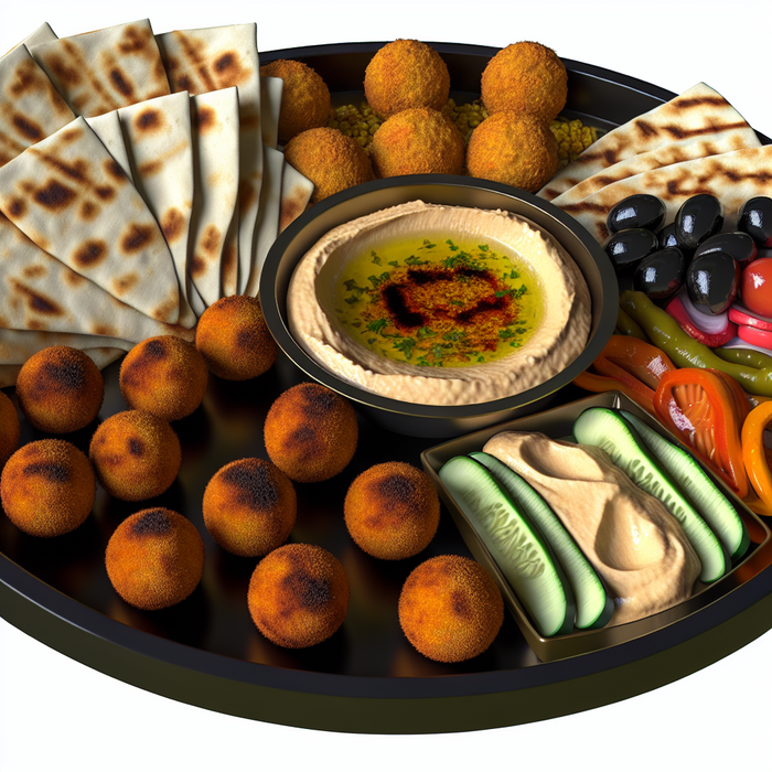 Falafel on a mezze platter with hummus, olives, flatbread and vegetables