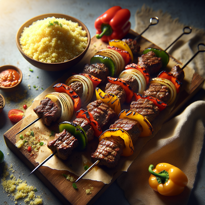Halal beef kebabs with grilled peppers and onions, served on a plate with couscous