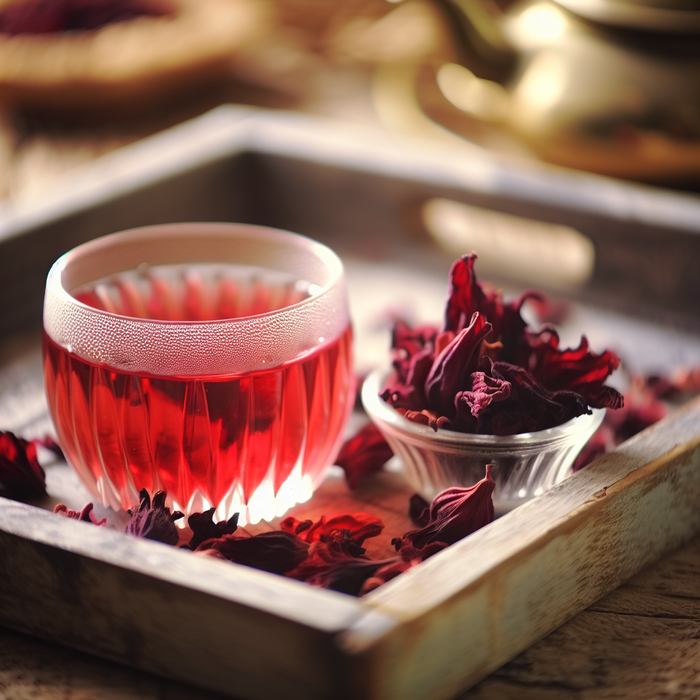 Glass of karkadeh tea next to dried hibiscus flowers on wooden tray