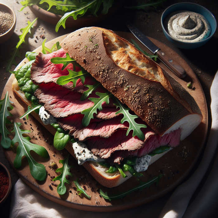 Slices of halal roast beef topside in sandwich with horseradish and rocket on crusty bread