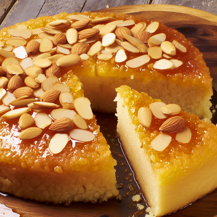 Sliced basbousa semolina cake topped with almonds and syrup on rustic platter