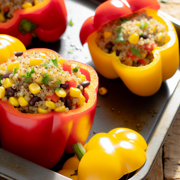 Baked bell peppers stuffed with spiced quinoa, beans, and vegetables on a tray