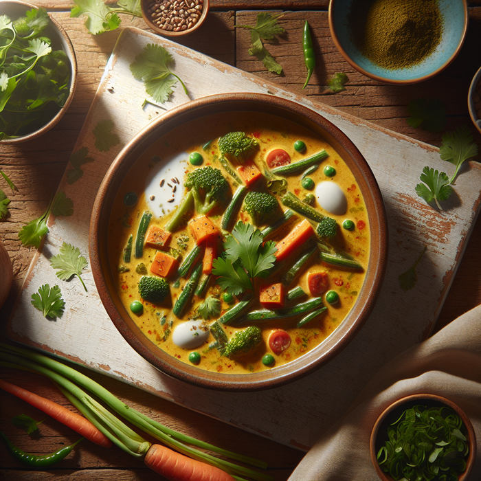 Bowl of vegetable curry made with coconut milk garnished with fresh coriander