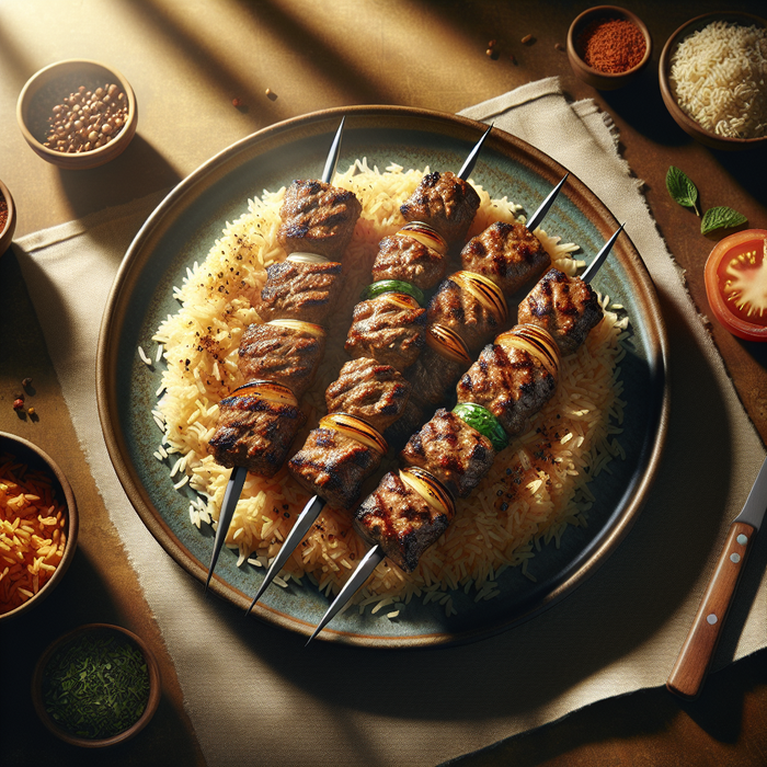 Baked halal kebab skewers on flavoured rice garnished with herbs and lemon wedges