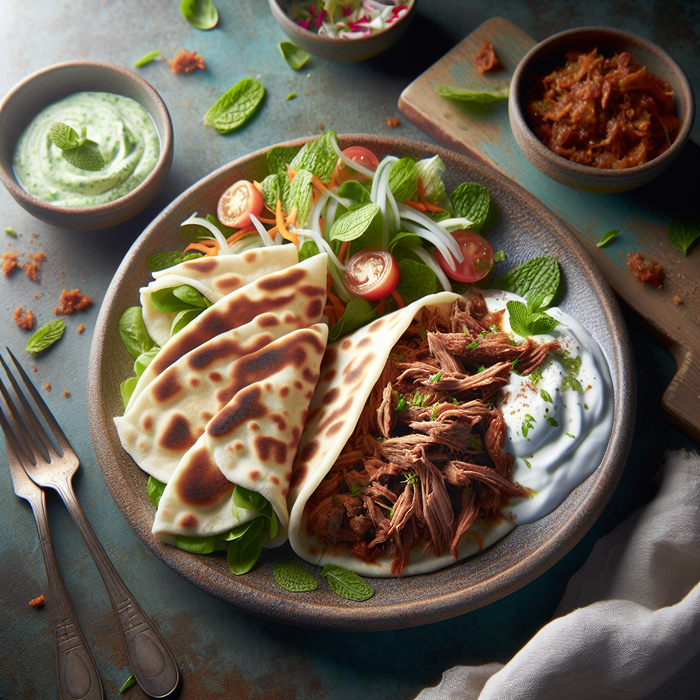 Pulled halal lamb shoulder in wraps with mint yoghurt and fresh salad