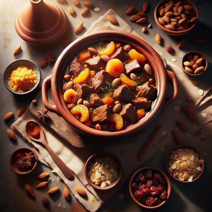 Moroccan beef tagine with dried fruit and nuts in a traditional clay pot