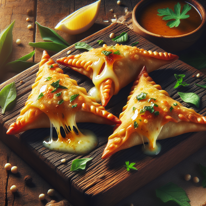Mini sambosa bites with melted cheese and herbs wrapped in crisp sambosa leaves