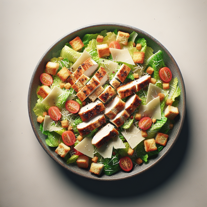 Caesar salad topped with crispy halal chicken strips and shaved parmesan