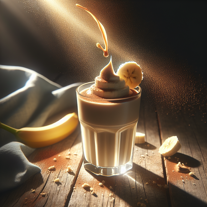 Banana smoothie in a glass topped with a swirl of tahini sauce