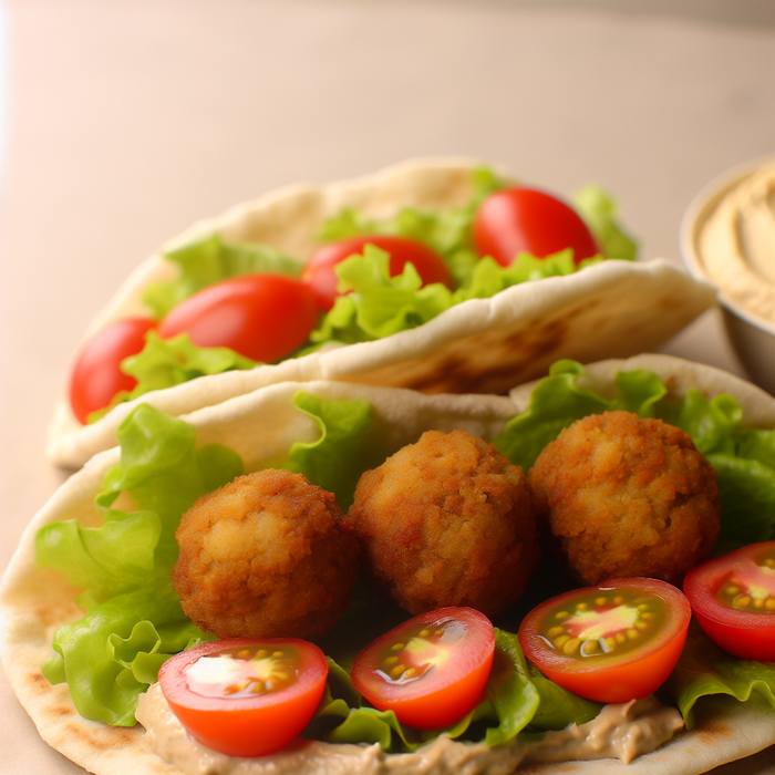 Falafel-stuffed pita pockets with hummus, lettuce, and cherry tomatoes