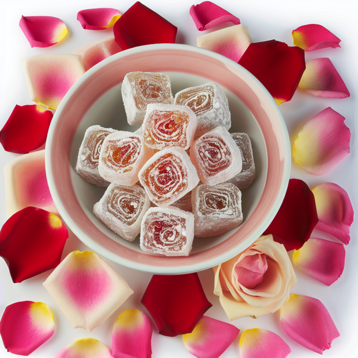Bowl of rose Turkish delight dusted with icing sugar, surrounded by pink rose petals