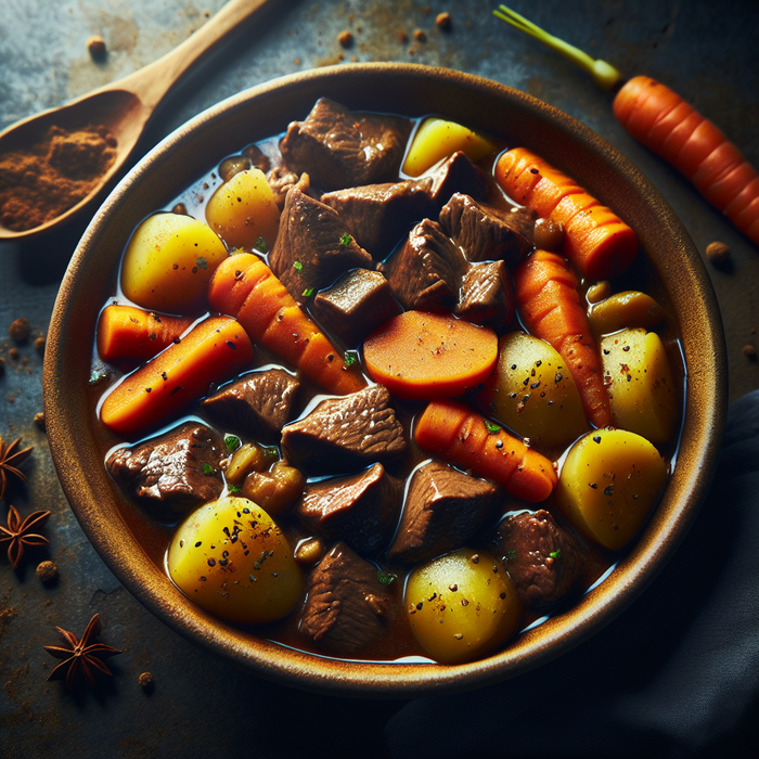 Stew with halal beef liver, carrots, and potatoes in a rich brown gravy