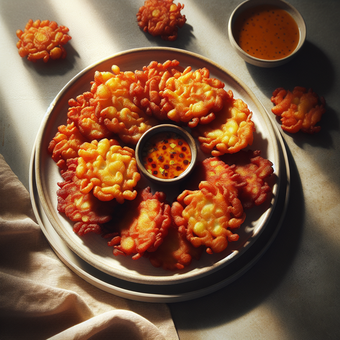 Crispy Colcasia fritters served on a plate with dipping sauce