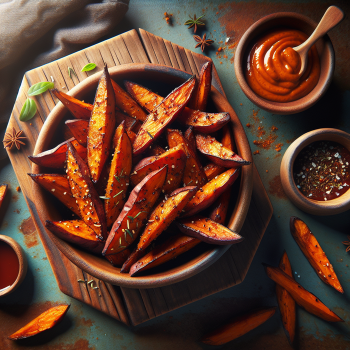 BBQ-seasoned sweet potato wedges with crispy edges served in a rustic bowl with dipping sauce