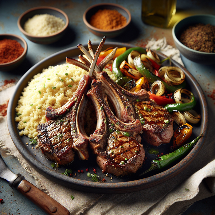 Grilled lamb chops seasoned with Arabic coffee rub on a plate with couscous