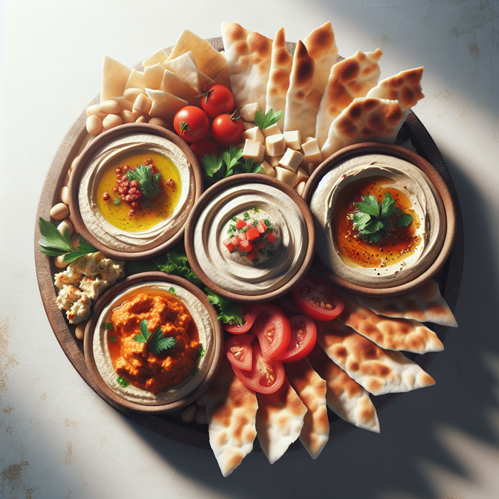 Mezze platter with hummus, baba ghanoush and torn pieces of Lebanese bread