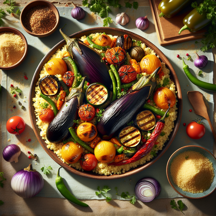 Roasted baby aubergines served over couscous with grilled vegetables and chopped parsley