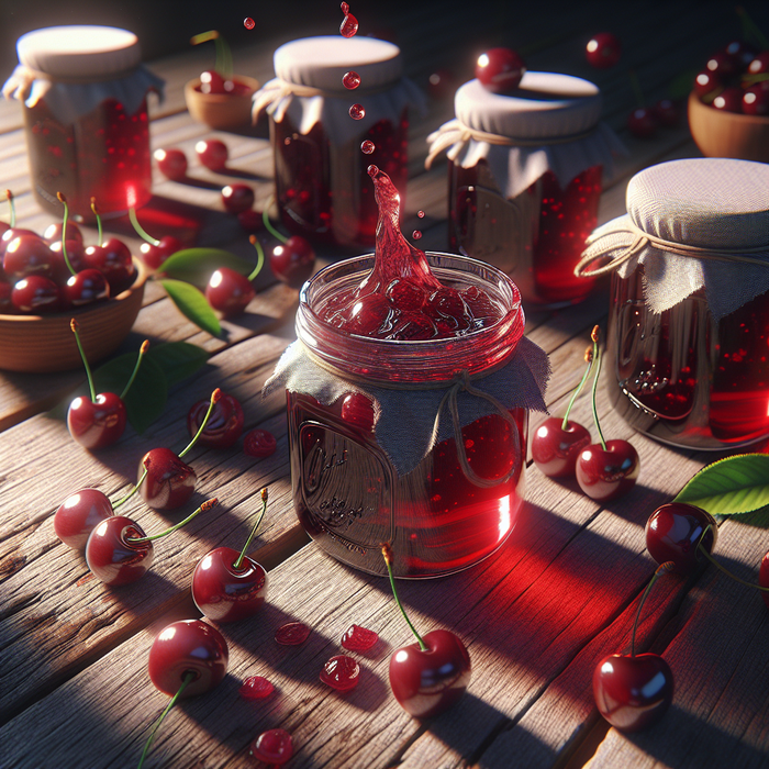 Jars of homemade sour cherry jelly next to fresh cherries on a wooden table