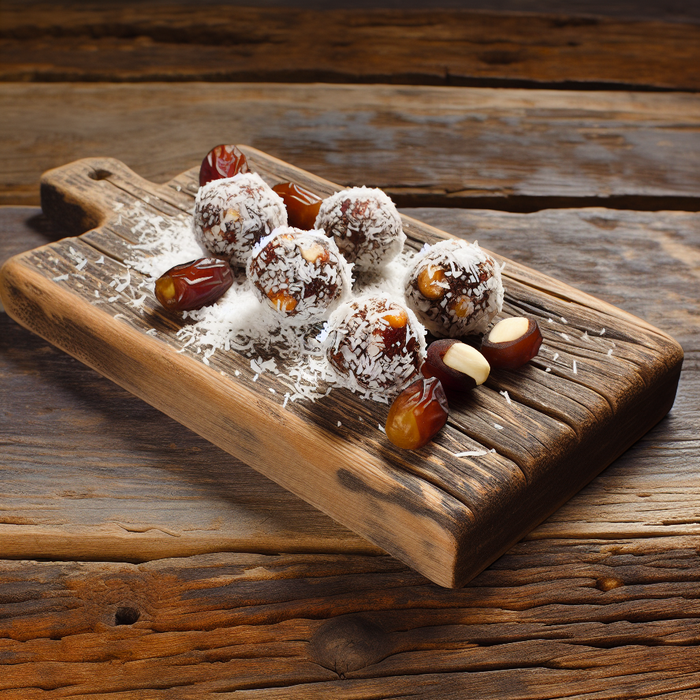 Energy balls made from Medjoul dates and nuts, rolled in coconut flakes