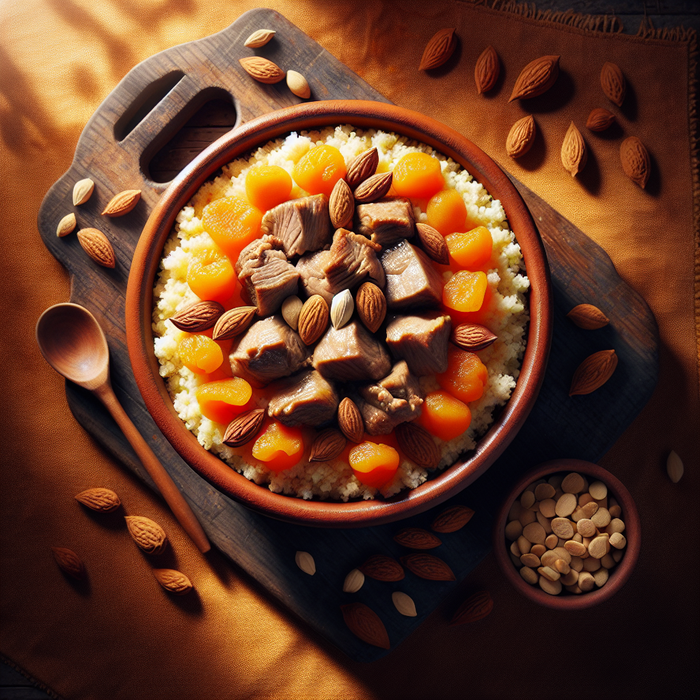 Traditional lamb tagine with diced halal lamb, apricots and almonds in a clay pot
