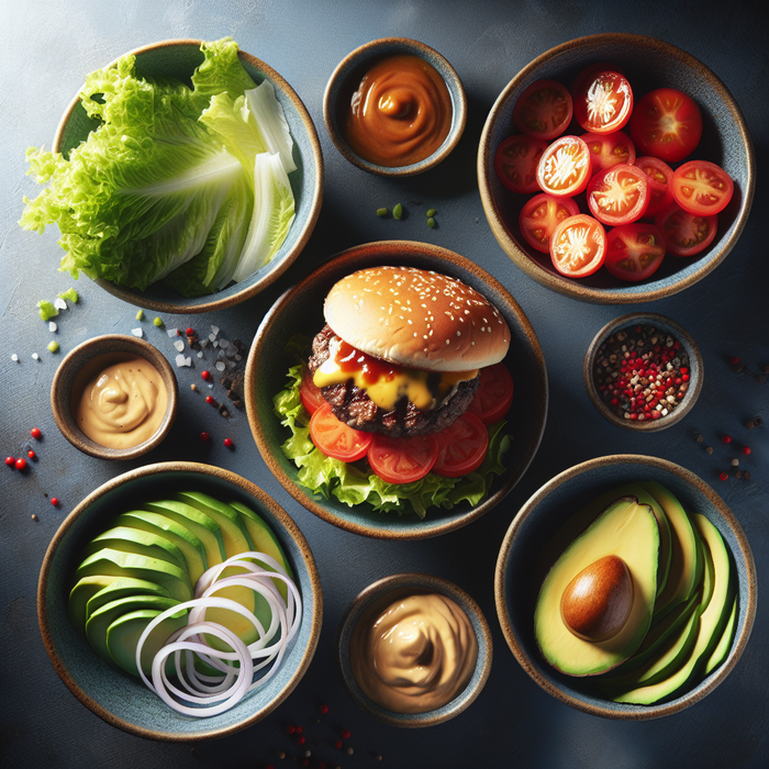 Halal beef burger bowls with lettuce, tomato, avocado and sauce for a low-carb meal