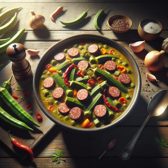 Thick gumbo with okra, sausage, and vegetables in a deep bowl